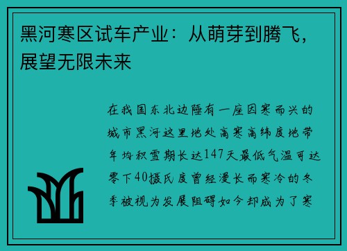 黑河寒区试车产业：从萌芽到腾飞，展望无限未来