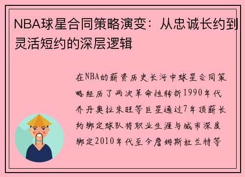 NBA球星合同策略演变：从忠诚长约到灵活短约的深层逻辑