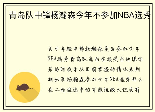 青岛队中锋杨瀚森今年不参加NBA选秀