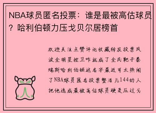 NBA球员匿名投票：谁是最被高估球员？哈利伯顿力压戈贝尔居榜首