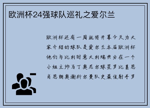 欧洲杯24强球队巡礼之爱尔兰